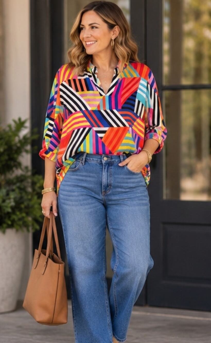 Ali Miles Multicolor Geometric Tunic Blouse Art to Wear Linen-Feel Top Large
